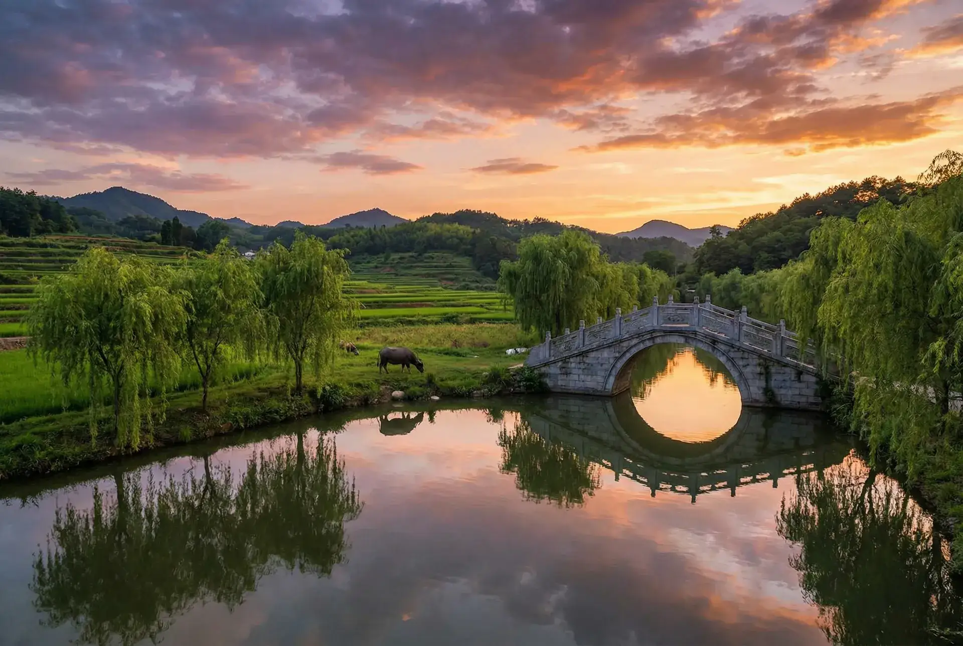 夕阳下的石拱桥与垂柳，水牛在河边吃草 - 欧美一卡二卡新区乱码工作室 乡村美景